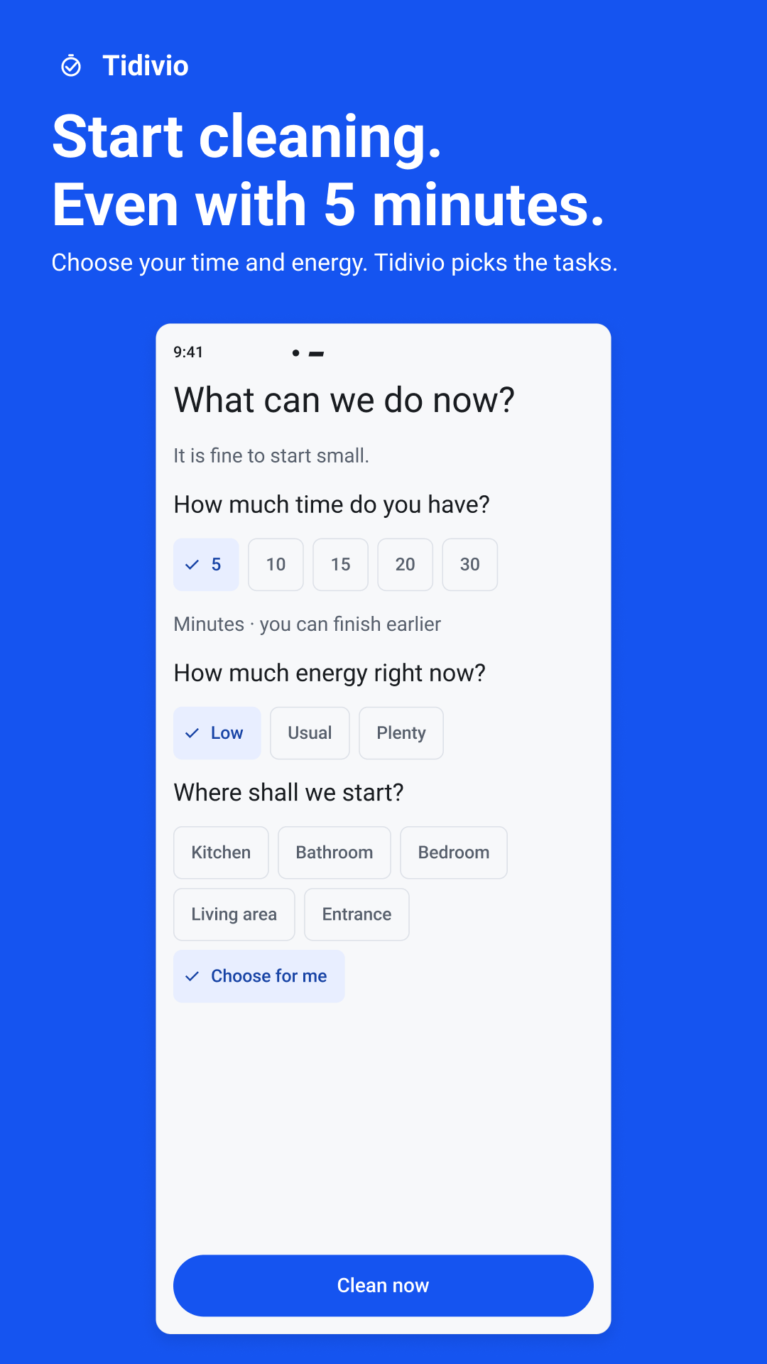 Tidivio setup: choose 5, 10, 15, 20 or 30 minutes, your energy level and a room, or let the app choose.