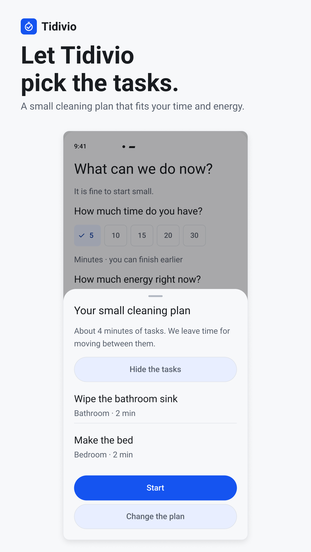 A four-minute cleaning plan with two tasks: wipe the bathroom sink and make the bed, with Start and Change the plan actions.