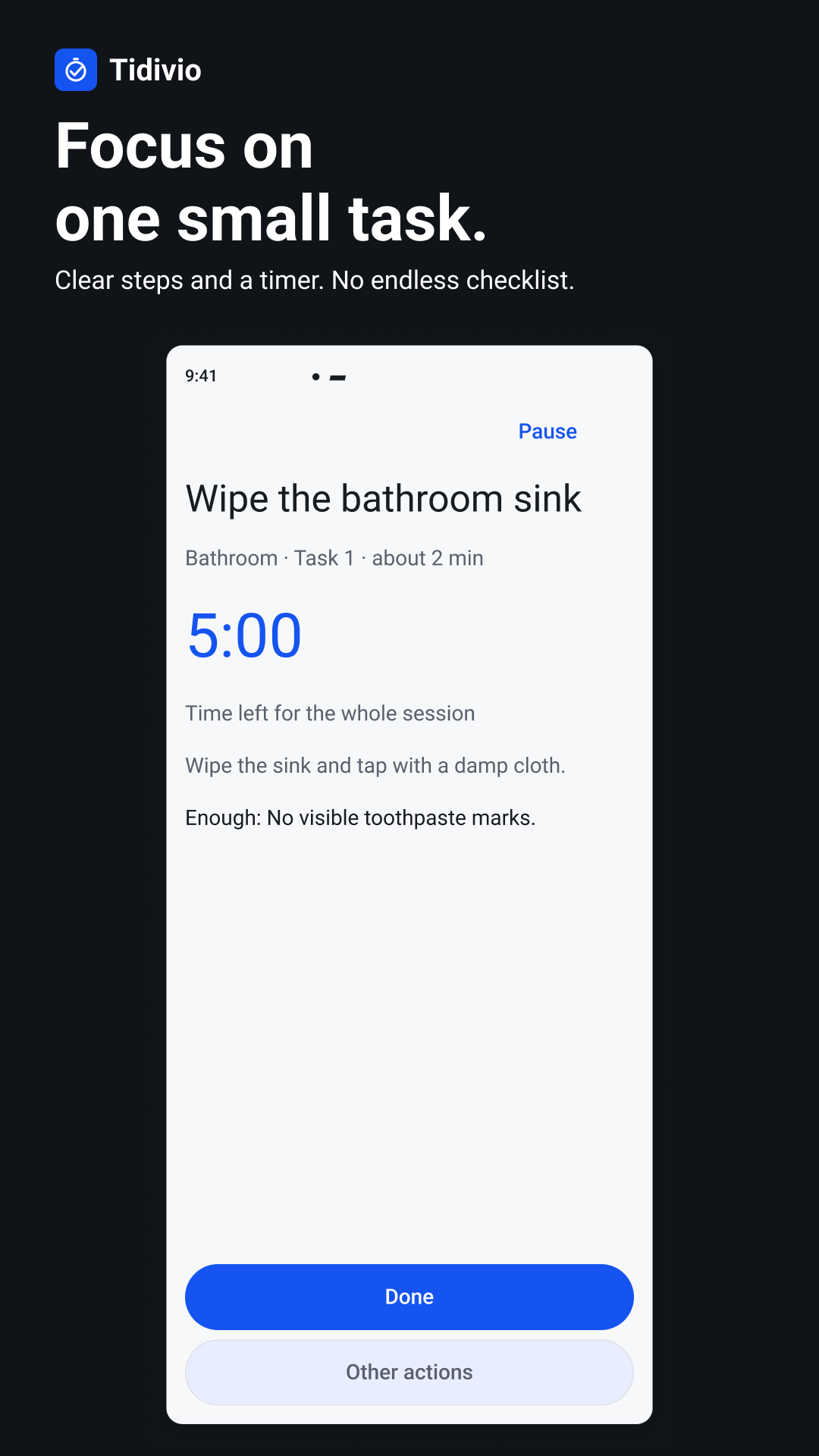 Bathroom sink task with short instructions, a five-minute session timer, Pause, Done and Other actions.